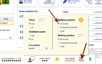 How to select spelling practice in the vocabulary quiz